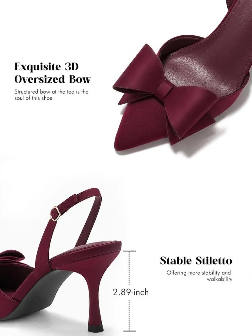 Women's Burgundy Rubber Satin Bow Slingback Kitten Heel Closed Pointed Toe Pumps